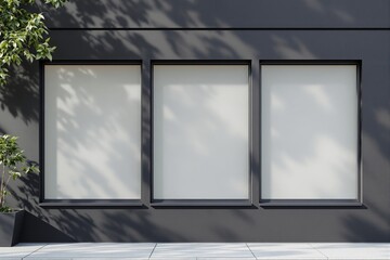 Poster - Blank storefront window mockup with three empty frames on dark wall.