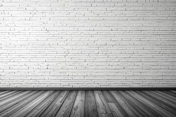 Poster - Empty interior with white brick wall and wooden floor.