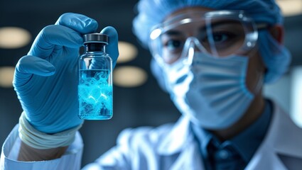 Poster - scientist examines glowing vial in laboratory setting with protective gear