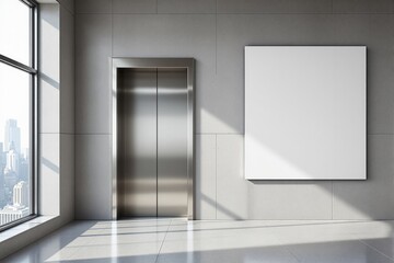 Poster - Modern interior with elevator and blank poster on wall.