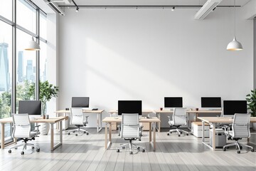 Poster - Modern office interior with minimalist furniture and large blank wall.