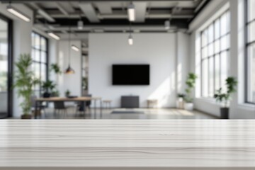 Poster - Wooden tabletop in modern interior with blurred background of office space.