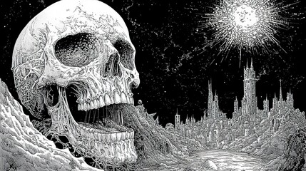 a giant skull overlooks a city under a shining celestial object