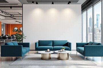 Poster - Modern office lounge with blank white wall for mockup.