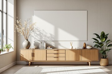 Poster - Modern interior with blank poster on light wall above wooden sideboard.