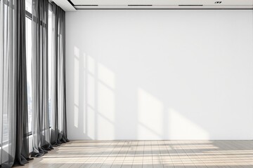 Poster - Modern interior with empty white wall and large windows with sheer curtains.