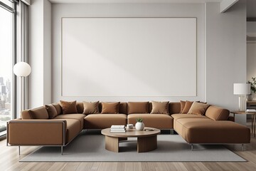 Poster - Modern interior with large blank poster above brown sectional sofa.