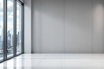Poster - modern empty interior with large windows and city view.
