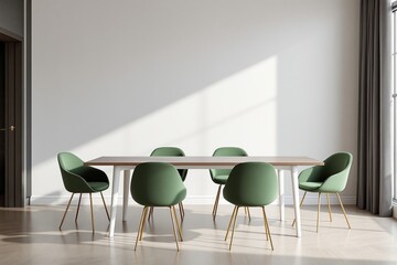 Poster - Modern dining room with green chairs and wooden table in bright interior.