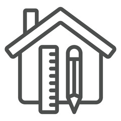 Poster - House with ruler and pencil line icon, real estate concept. Vector graphics. Cottage building, house drawing sign on white background, outline style icon for mobile or web design.