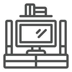 Poster - TV on table with drawers and audio system line icon, house interior concept. Vector graphics. Television desk sign on white background, outline style icon for mobile or web design.
