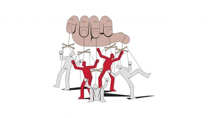 Poster - Puppeteer hand controlling opposing groups 2D animation. Puppet master manipulating red and white puppet figures strings animated cartoon arm human body part 4K video isolated on white transparent