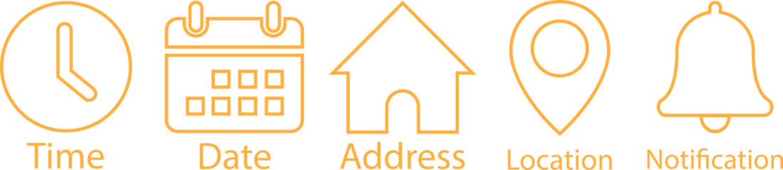 Poster - Time, date and address yellow line icons set. Event calendar reminder clock business schedule signs, location pin symbols, place pointer time map elements vectors isolated on transparent background.