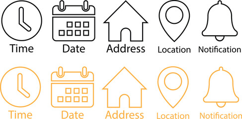 Poster - Time, date and address black, yellow line icon set. Event calendar reminder clock business schedule sign, location pin symbol, place pointer time map element vector isolated on transparent background.