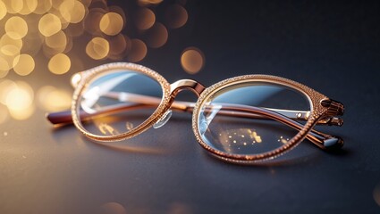 Poster - elegant vintage glasses with golden details placed on a dark surface against a backdrop of blurred w