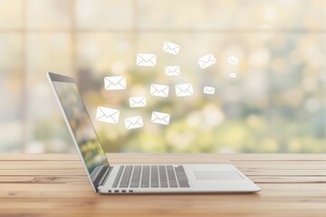 Poster - Laptop with floating email icons on wooden desk.