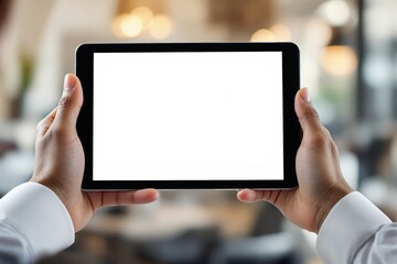 Poster - Close-up of hands holding tablet with blank white screen.