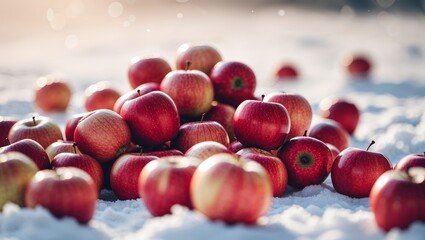 Poster - pile of fresh red apples scattered on white snow in a winter landscape during daylight