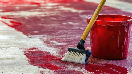 Poster - A bucket filled with soapy water and a scrubbing brush next to a stained carpet, ready for cleaning.