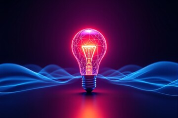 Poster - Futuristic glowing light bulb with a digital wireframe structure.