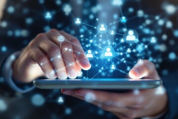 Poster - Digital networking concept with hands interacting on a tablet.
