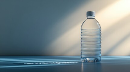 Poster - A clear plastic bottle with soft lighting casting reflections, isolated with copy space to emphasize a clean, minimalistic concept.