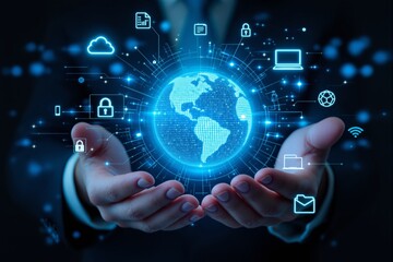 Poster - Futuristic digital globe with cybersecurity icons in hands.