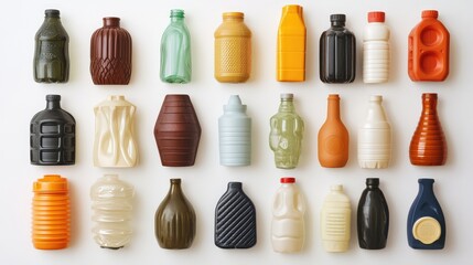 Poster - A collection of plastic bottles ready for recycling, arranged neatly on a white background with room for design and educational purposes.