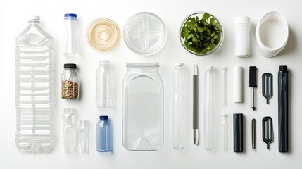 Poster - A collection of plastic bottles ready for recycling, arranged neatly on a white background with room for design and educational purposes.