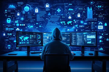 Poster - Cybersecurity hacker in hoodie analyzing data on multiple screens in dark room.