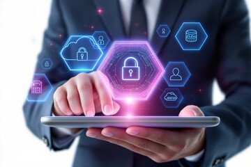 Poster - Businessperson using tablet with futuristic cybersecurity icons floating in air.