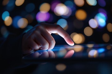 Poster - Close-up of a hand touching a digital tablet screen in a futuristic setting.