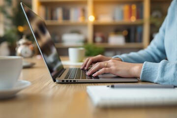 Poster - Hands typing on laptop keyboard in cozy home office with warm lighting.