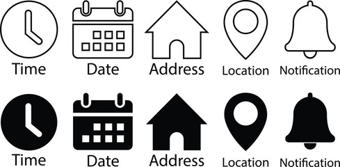 Fototapete - Time, date and address black flat, line icons set. Event calendar reminder clock business schedule sign, location pin symbol, place pointer time map elements vector isolated on transparent background.