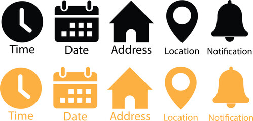 Poster - Time, date and address black, yellow flat icon set. Event calendar reminder clock business schedule sign, location pin symbol, place pointer time map element vector isolated on transparent background.