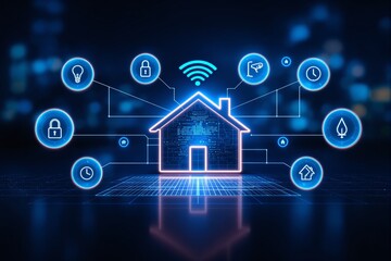 Poster - Futuristic smart home technology concept with glowing digital house and connected IoT icons.