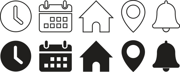 Fototapete - Time, date and address black flat, line icons set. Event calendar reminder clock business schedule sign, location pin symbol, place pointer time map elements vector isolated on transparent background.