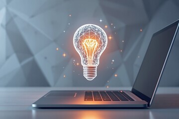 Poster - Futuristic glowing digital light bulb emerging from a laptop, symbolizing innovation and technology.
