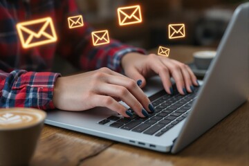 Poster - Woman typing on laptop with glowing email icons floating around.