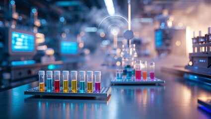 Poster - laboratory experiment showcasing colorful chemical reactions in glass vials under bright lighting