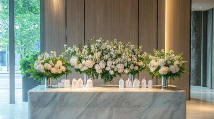 Poster - A spotless hotel reception counter with a fresh flower arrangement and disinfectant wipes, maintaining a clean environment.