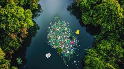 Poster - Plastic waste floating on the surface of a river, with surrounding nature and plenty of room for eco-conscious messaging on waste reduction.