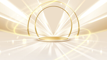 Wall Mural - golden empty podium on light brown background with soft neon effect and bokeh decoration. luxury sta
