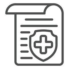 Poster - Document with shield and medical cross line icon, human rescue concept. Vector graphics. Sheet of paper with emblem sign on white background, outline style icon for mobile or web design.