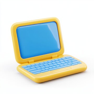 Cartoon laptop, bright yellow, simple design, light blue screen