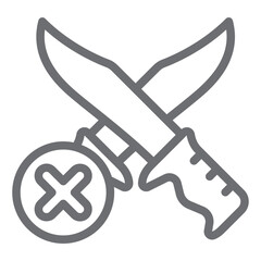 Poster - Knife fight ban line icon, prohibited items concept. Vector graphics. Crossed knives prohibition sign on white background, outline style icon for mobile or web design.