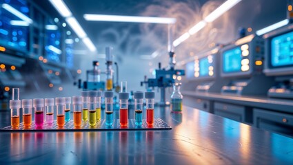 Poster - lab experiment with colorful test tubes and advanced equipment displaying chemical reactions in a mo