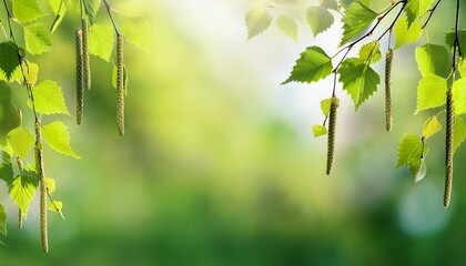 green spring forest banner with birch branches birch branches with catkins on a blurred background