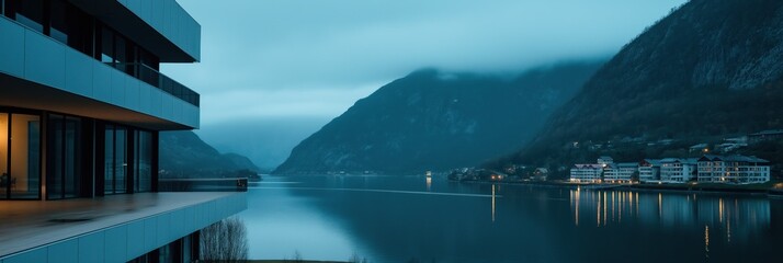 A beautiful view of a lake with a city in the background. The water is calm and the sky is cloudy