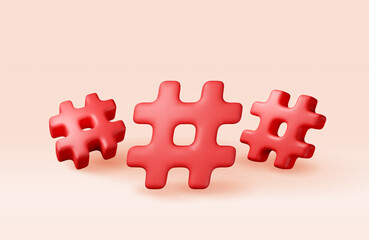 Fototapete - 3d red realistic hashtag symbol isolated on white. Render hash tag icon for social media. Chat message, communication, ad, search and online community. Blog and social network. Vector illustration